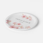 モダンなソフトピンクの花と蝶のサマウェディング ペーパープレート (アングル)
