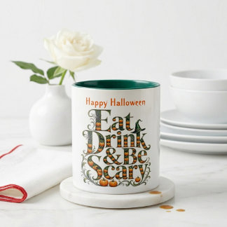 モダンなタイポグラフィのハロウィン "Eat Drink & Be Scary" ツートーンマグカップ