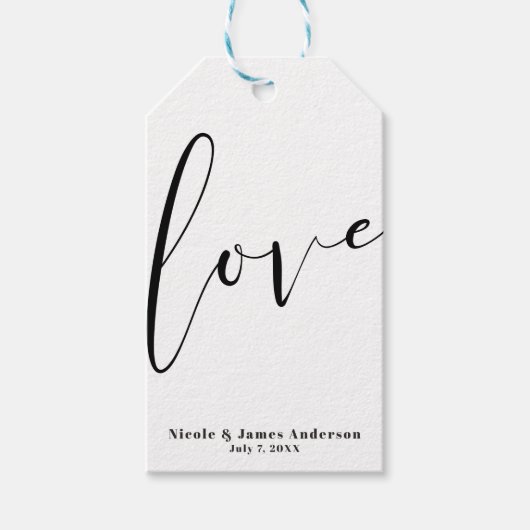 モダンなタイポグラフィのブラック＆ホワイトのウェディングファバー「LOVE」 ギフトタグ (正面)