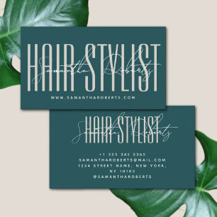 モダンなタイポグラフィのヘアスタイリスト スクリプト グリーン 名刺