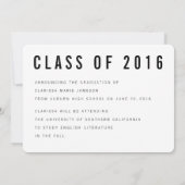 モダンなタイポグラフィの写真の卒業の発表 案内状 (裏面)