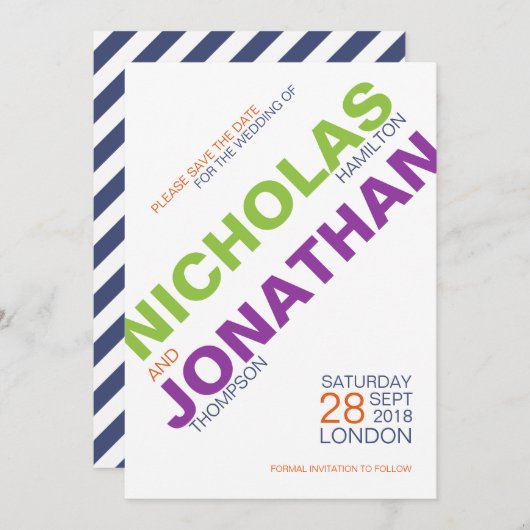 モダンなタイポグラフィの陽気な結婚式の保存日付カード セーブザデート (正面/裏面)