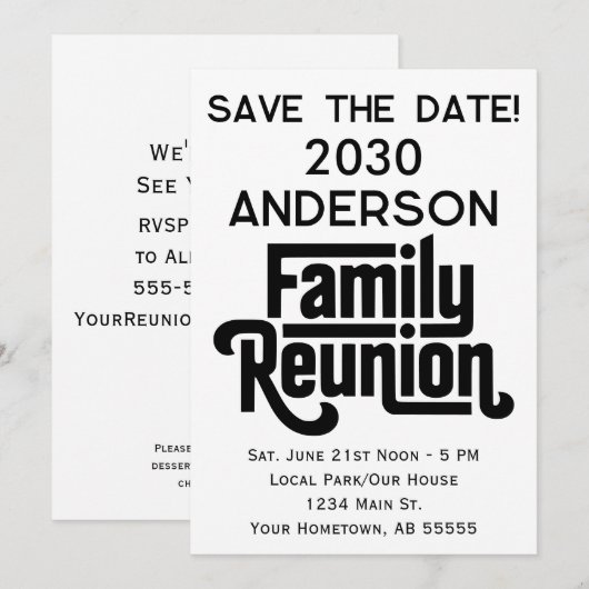 モダンなタイポグラフィーのファミリーリユニオンSave The Date 招待状 (正面/裏面)