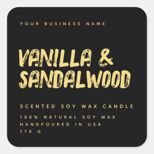 モダンなタイポグラフィーのブラックゴールド ソイキャンドルラベル スクエアシール (正面)