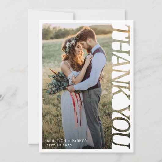 モダンなタイポグラフィーの結婚式のお礼2枚の写真 サンキューカード (正面)