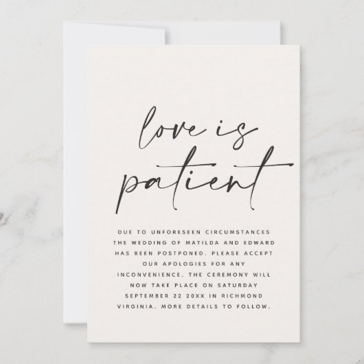 モダンなタイポグラフィーの結婚式延期お知らせ セーブザデート (正面)