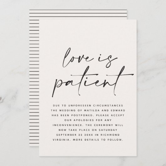 モダンなタイポグラフィーの結婚式延期のお知らせ 保存日付 セーブザデート (正面/裏面)