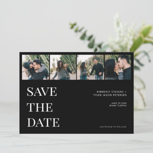 モダンなタイポグラフィー4枚の写真コラージュ黒の結婚式 セーブザデート (スタンド正面)
