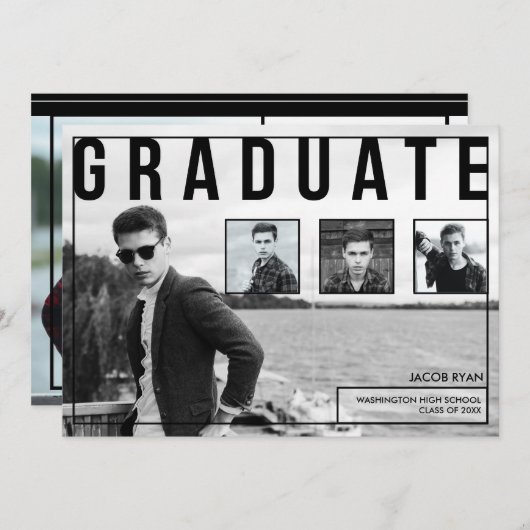 モダンなタイポグラフィ、卒業の発表 案内状 (正面/裏面)