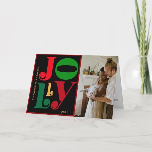モダンなタイポグラフィ JOLLY フォトホリデー シーズンカード (正面)