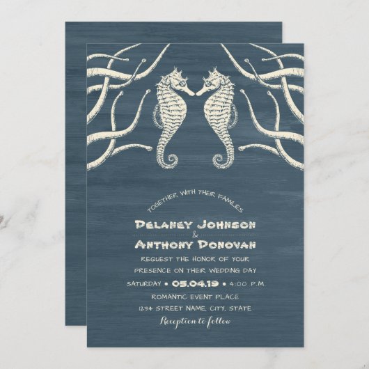 モダンなタツノオトシゴの航海のなビーチのテーマの結婚式 招待状 (正面/裏面)
