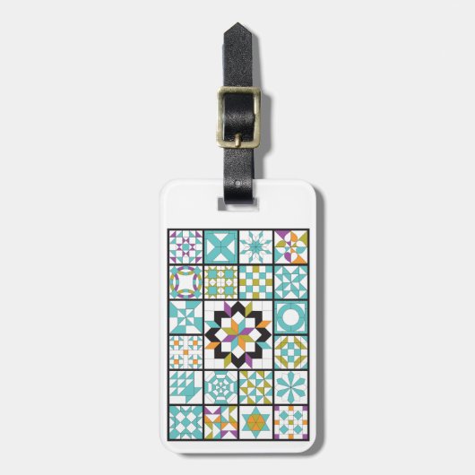 モダンなターコイズのサンプラーのキルトの荷物のラベル ラゲッジタグ (正面縦)