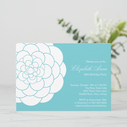モダンなターコイズのダリアの開花の誕生会 招待状 (スタンド正面)