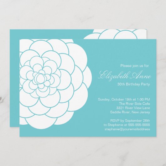 モダンなターコイズのダリアの開花の誕生会 招待状 (正面/裏面)