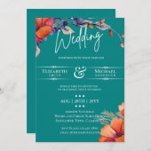 モダンなターコイズオレンジの花柄結婚式招待状 (正面/裏面)