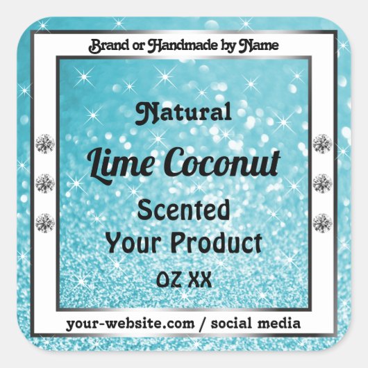 モダンなターコイズグリッター スパークリングスターズ プロダクトラベル スクエアシール (正面)