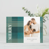 モダンなターコイズグリーンと青のチェック柄の写真で、メリークリスマス シーズンカード (スタンド正面)