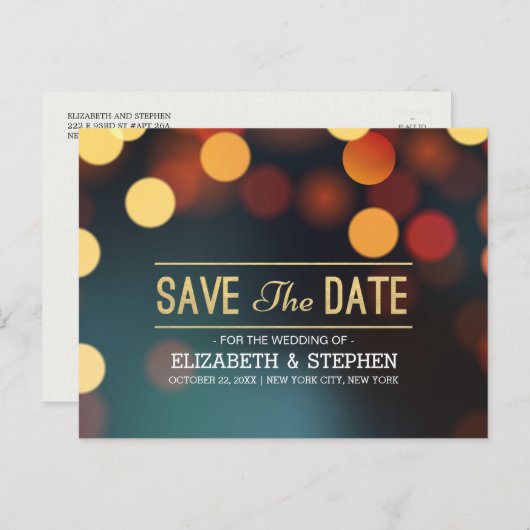 モダンなターコイズゴールドのボケ光 ウェディング セーブ・ザ・デート 案内ポストカード (正面/裏面)