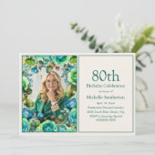 モダンなターコイズブルーとグリーンの花 80歳の誕生日写真 招待状 (スタンド正面)