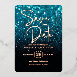 モダンなターコイズブルーのグリッターを使用したSave the date ウェディング フォイ 箔招待状