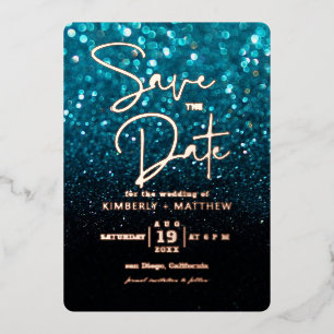 モダンなターコイズブルーのグリッターを使用したSave the date ウェディング フォイ 箔招待状