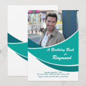 モダンなターコイズブルーの写真招待状 招待状 (正面/裏面)