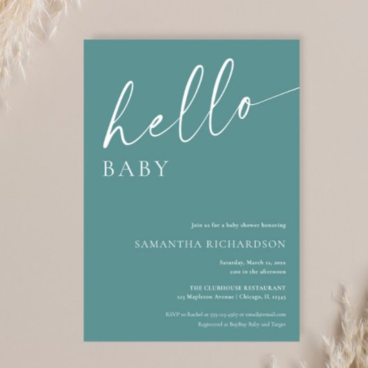 モダンなターコイズブルーの「こんにちはベイビー」男女兼用シャワー 招待状