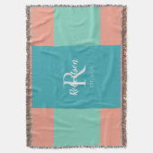 モダンなターコイズブルー、ブルー、コーラルピンクのファミリーモノグラム スローブランケット (正面縦)