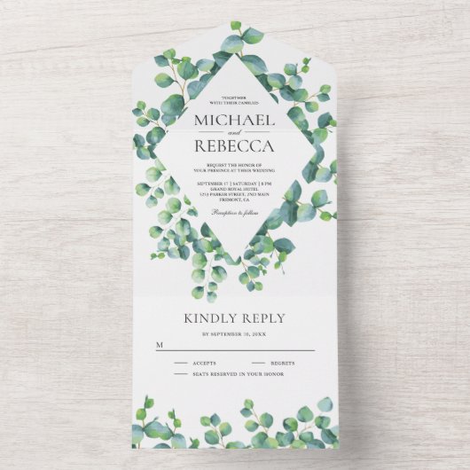 モダンなダイヤモンドフレーム ユーカリの葉 ウェディング オールインワン招待状 (内側)