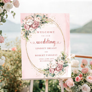 モダンなダスティピンクのバラゴールドのフラワーの結婚式サイン ポスター
