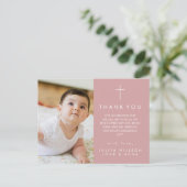 モダンなダスティピンクの写真付き洗礼感謝カード ポストカード (スタンド正面)