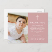 モダンなダスティピンクの写真付き洗礼感謝カード ポストカード (正面/裏面)