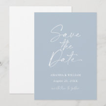 モダンなダスティブルーの結婚式の予定をお知らせするカード