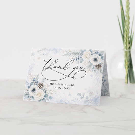 モダンなダスティブルーの花柄の冬の結婚式 サンキューカード (正面)