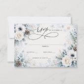 モダンなダスティブルーの花柄の冬の結婚式 出欠カード (正面)