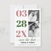 モダンなダスティローズとグリーンのタイポグラフィの2枚の写真 セーブザデート (正面)