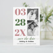 モダンなダスティローズとグリーンのタイポグラフィの2枚の写真 セーブザデート (スタンド正面)