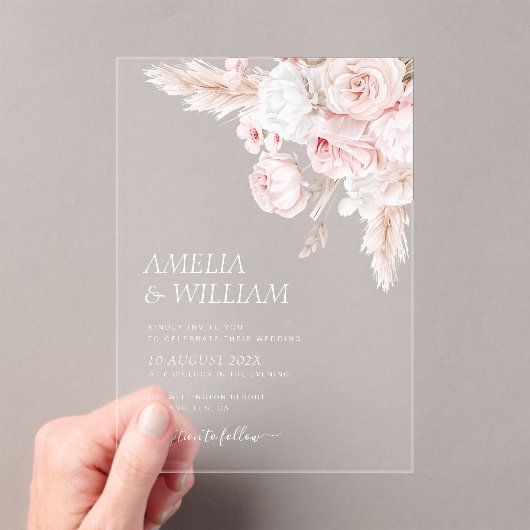 モダンなダスティローズの花のウェディング アクリル招待状 (インサイチュ (ポータブル))