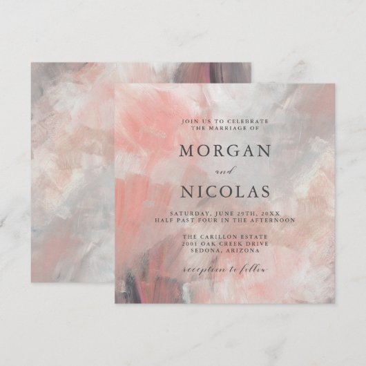 モダンなダスティーコーラル アブストラクト ブラシ ストローク ウェディング 招待状 (正面/裏面)