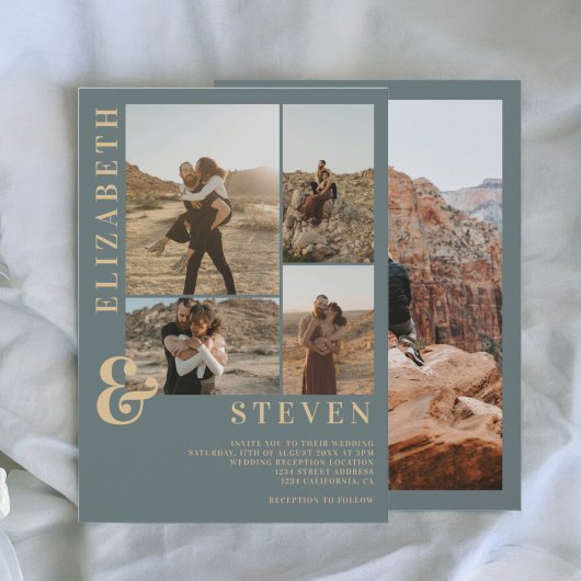 モダンなダスティーブルーのアンパサンド5枚の写真グリッド結婚式 招待状
