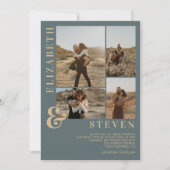 モダンなダスティーブルーのアンパサンド5枚の写真グリッド結婚式 招待状 (正面)