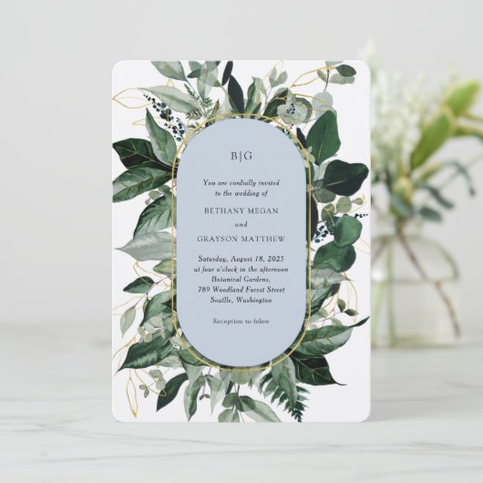 モダンなダスティーブルーのエレガントなボタニカルガーデンウェディング 招待状 (スタンド正面)