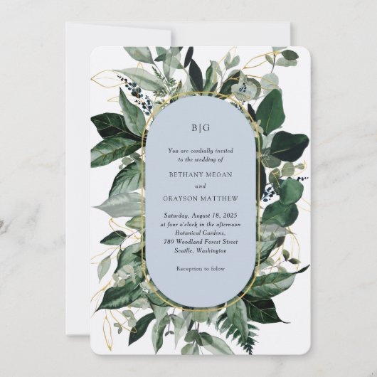 モダンなダスティーブルーのエレガントなボタニカルガーデンウェディング 招待状 (正面)