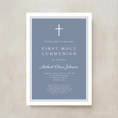 モダンなダスティーブルーのクロス少年ファーストホーリーコミュニオン 招待状