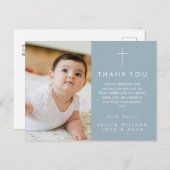 モダンなダスティーブルーの写真 洗礼 お礼 ポストカード (正面/裏面)