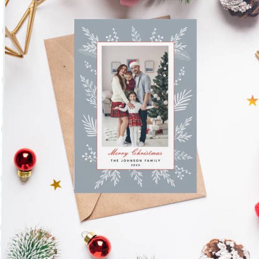 モダンなダスティーブルーの植物フレームクリスマスカード シーズンカード