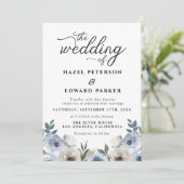 モダンなダスティーブルーの花水彩筆記体ウェディング 招待状 (スタンド正面)