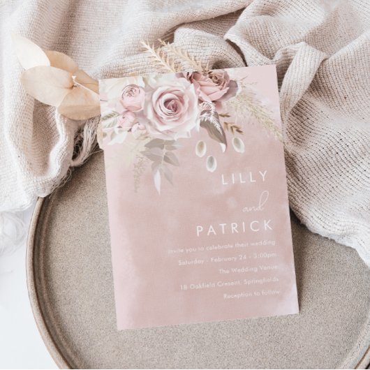 モダンなダスティーローズ＆ブラッシュローズの水彩ウェディング 招待状