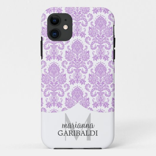 モダンなダマスク織の紫色のパーソナライズ Case-Mate iPhoneケース (裏面)