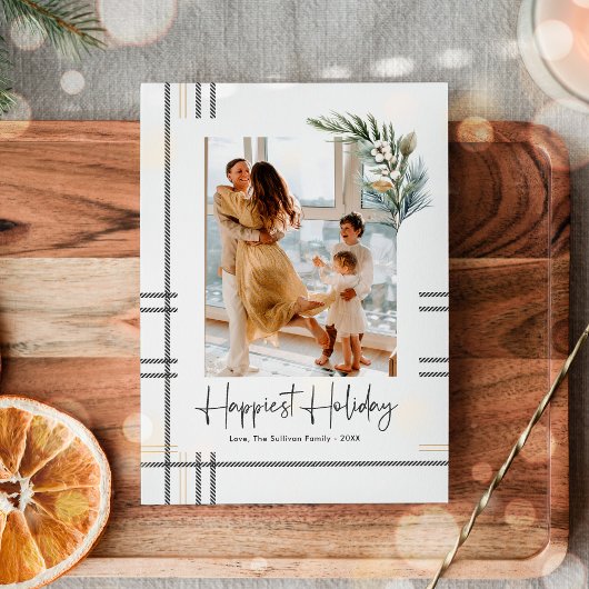 モダンなチェック柄の手書きクリスマスホリデー写真カード シーズンカード